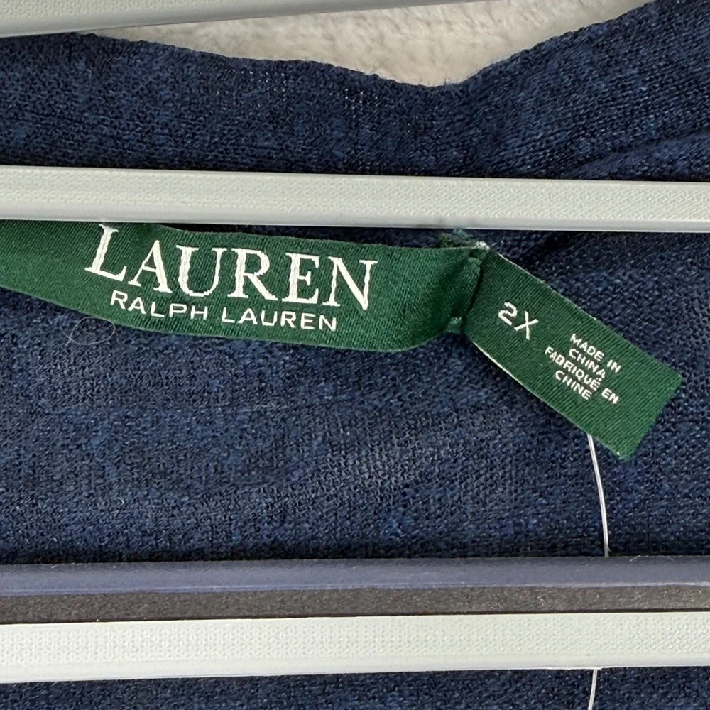 Lauren Ralph Lauren‎ Indigo Blue Linen Blend Eyelet Back Cardigan Sweater 2X NEW